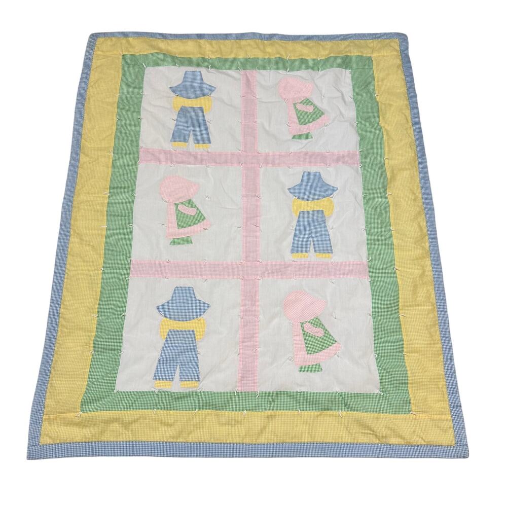 Vintage 1989 Sunbonnet Sue Overall Sam Gingham Pastel Baby Childs Quilt 40x46